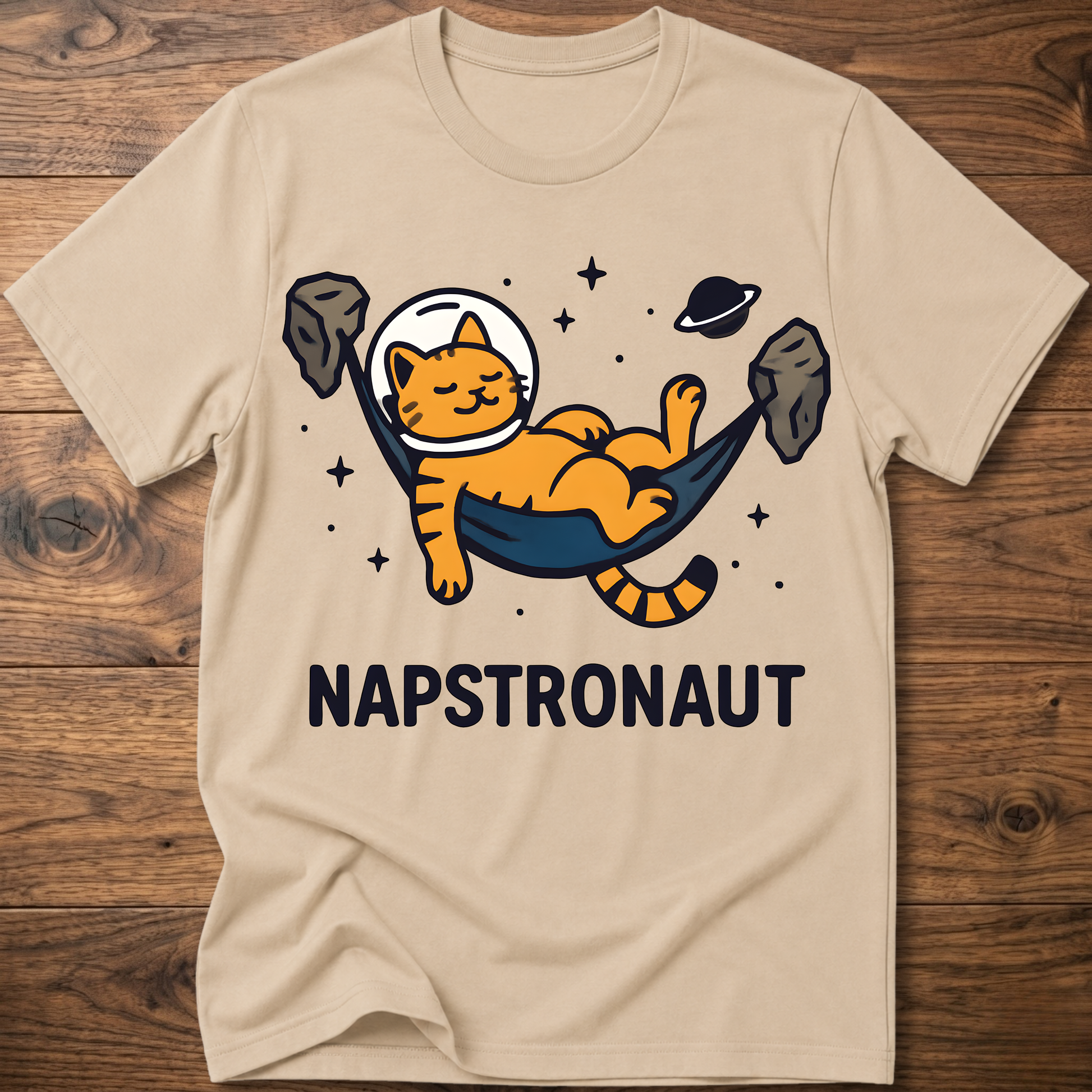 Sand crew-neck cat astronaut graphic t-shirt with NAPSTRONAUT print