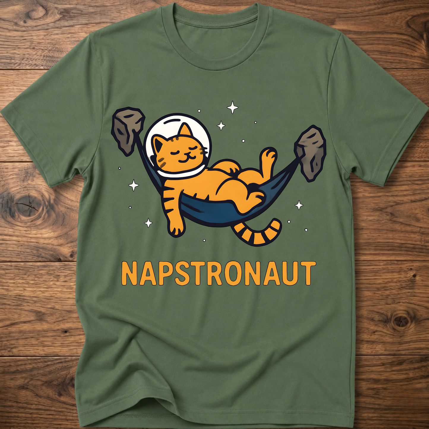 Military green crew-neck cat astronaut graphic t-shirt with NAPSTRONAUT print