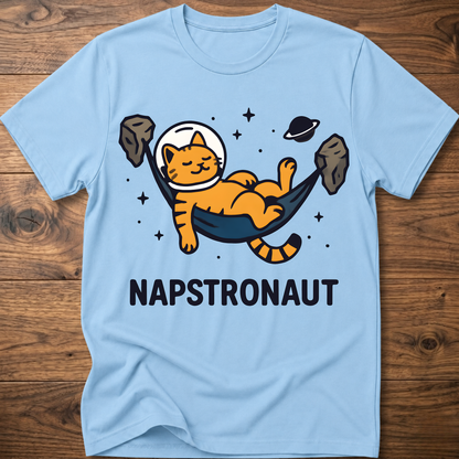 Light blue crew-neck cat astronaut graphic t-shirt with NAPSTRONAUT print