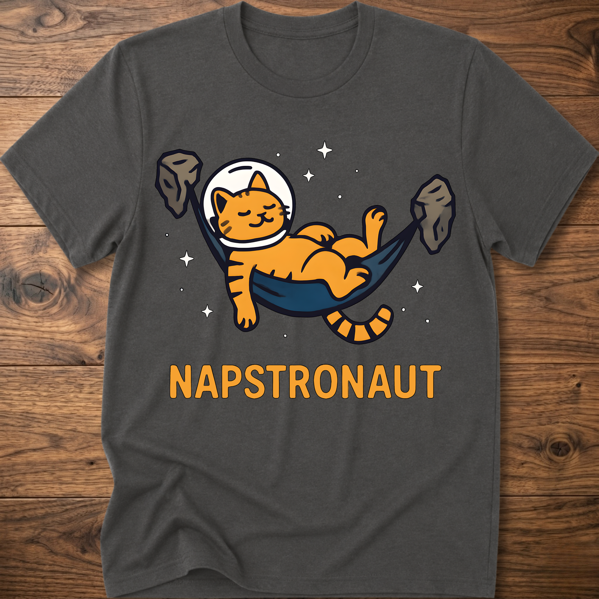 Charcoal gray crew-neck cat astronaut graphic t-shirt with NAPSTRONAUT print