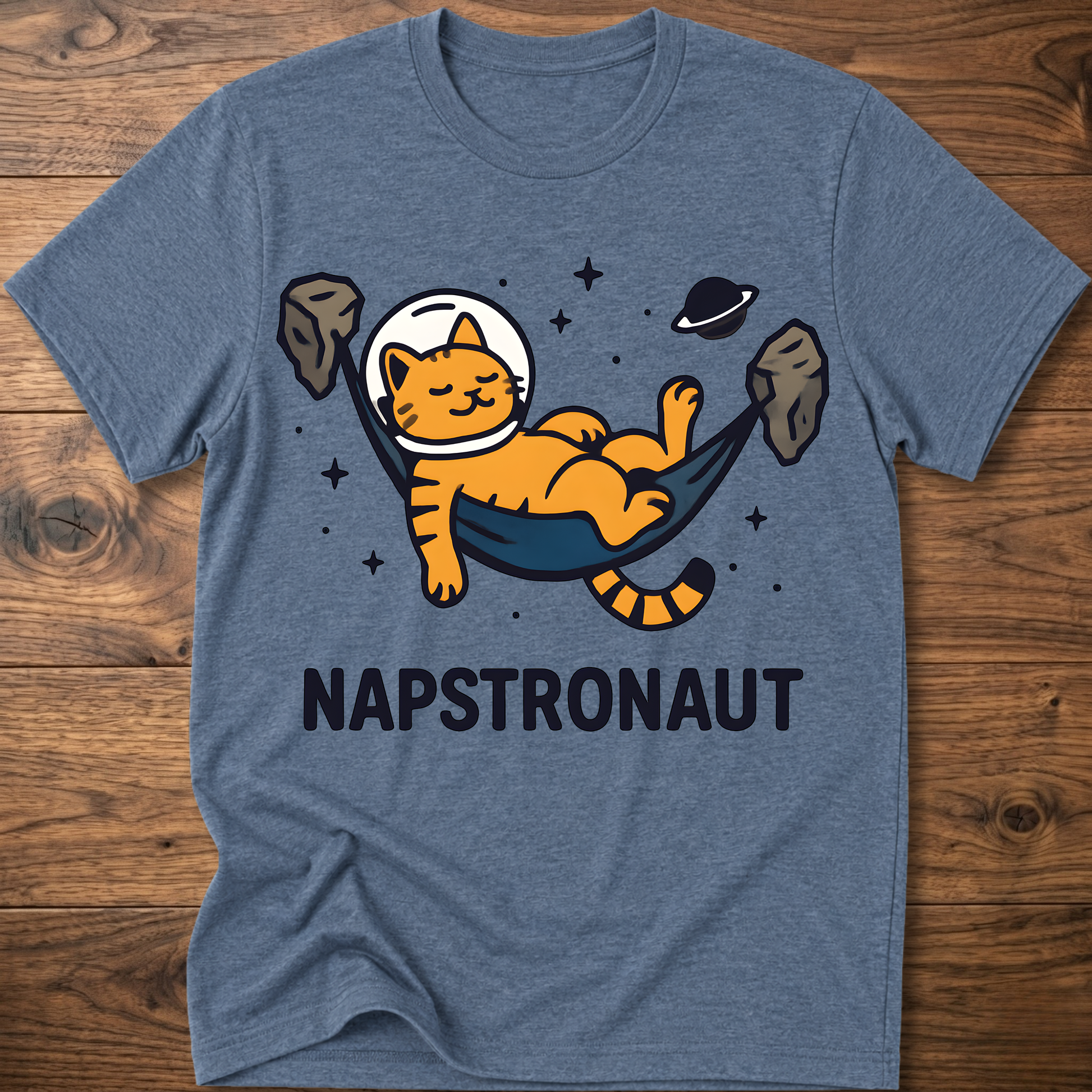 Heather blue crew-neck cat astronaut graphic t-shirt with NAPSTRONAUT print