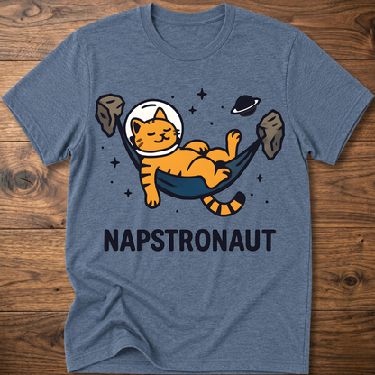 Heather blue crew-neck cat astronaut graphic t-shirt with NAPSTRONAUT print