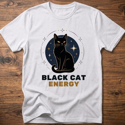 Black cat energy graphic T-shirt, white crew neck, cat and stars front print