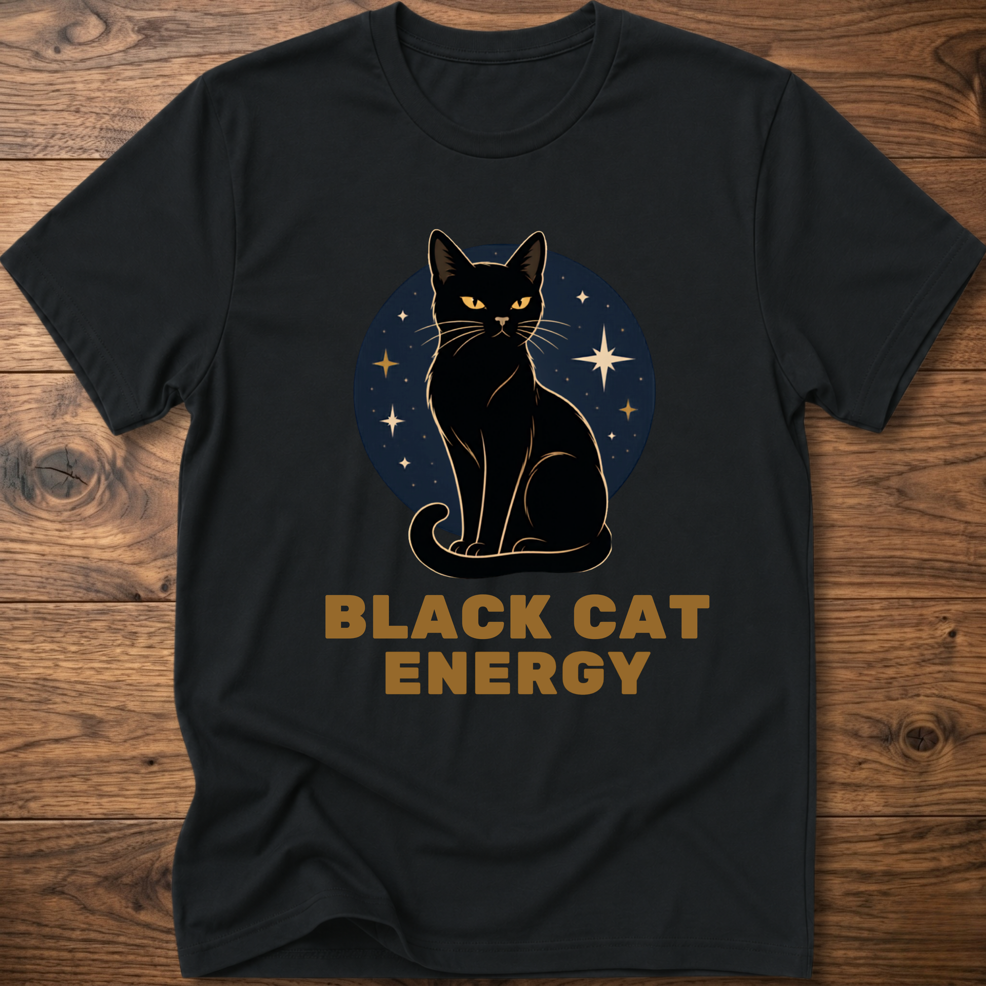 Black cat energy graphic T-shirt, black crew neck, cat and stars front print