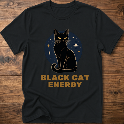 Black cat energy graphic T-shirt, black crew neck, cat and stars front print