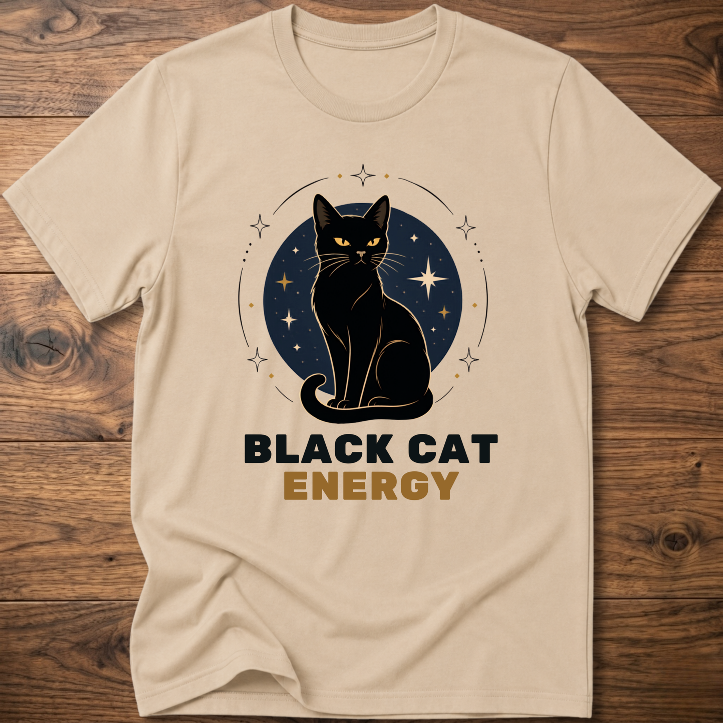 Black cat energy graphic T-shirt, sand crew neck, cat and stars front print