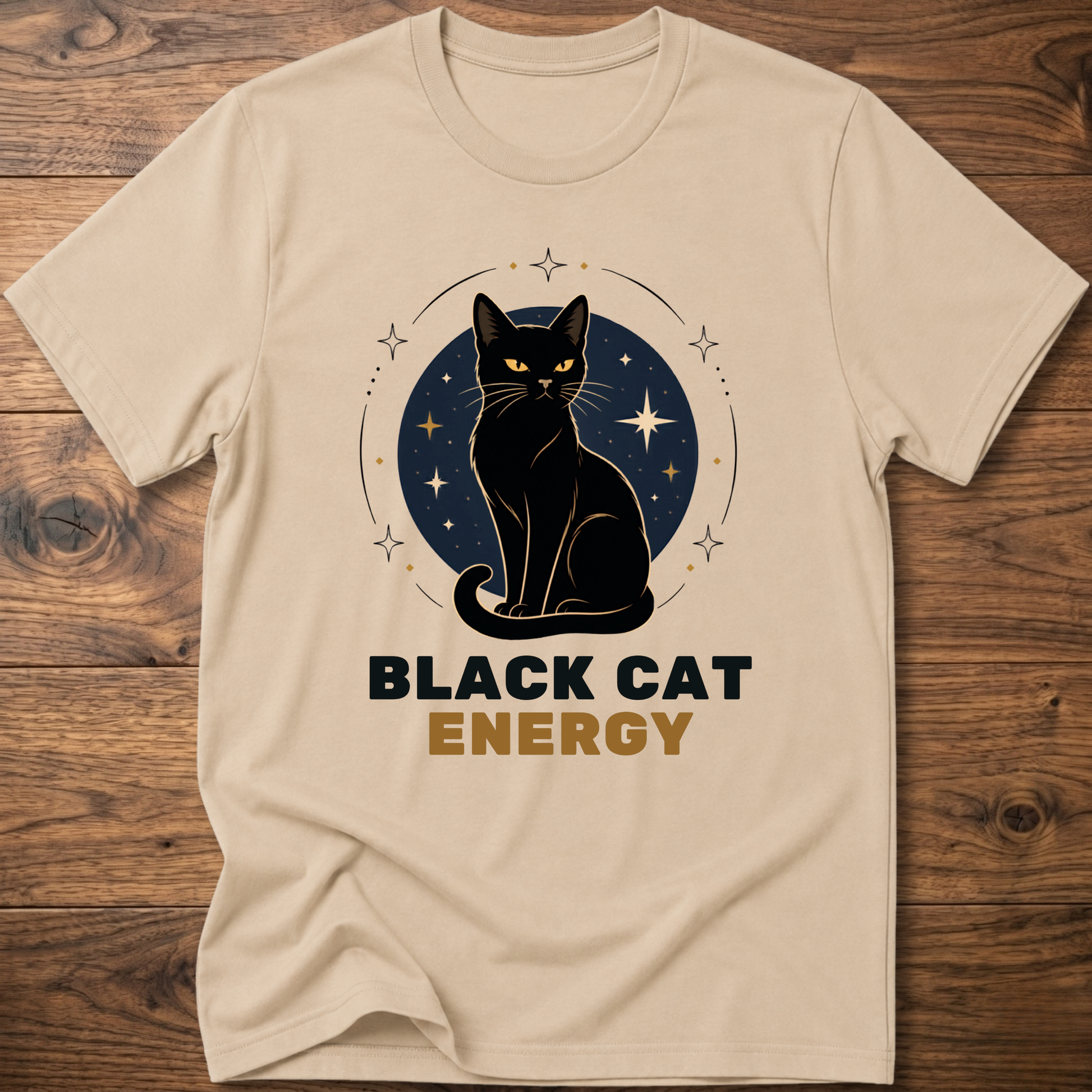 Black cat energy graphic T-shirt, sand crew neck, cat and stars front print