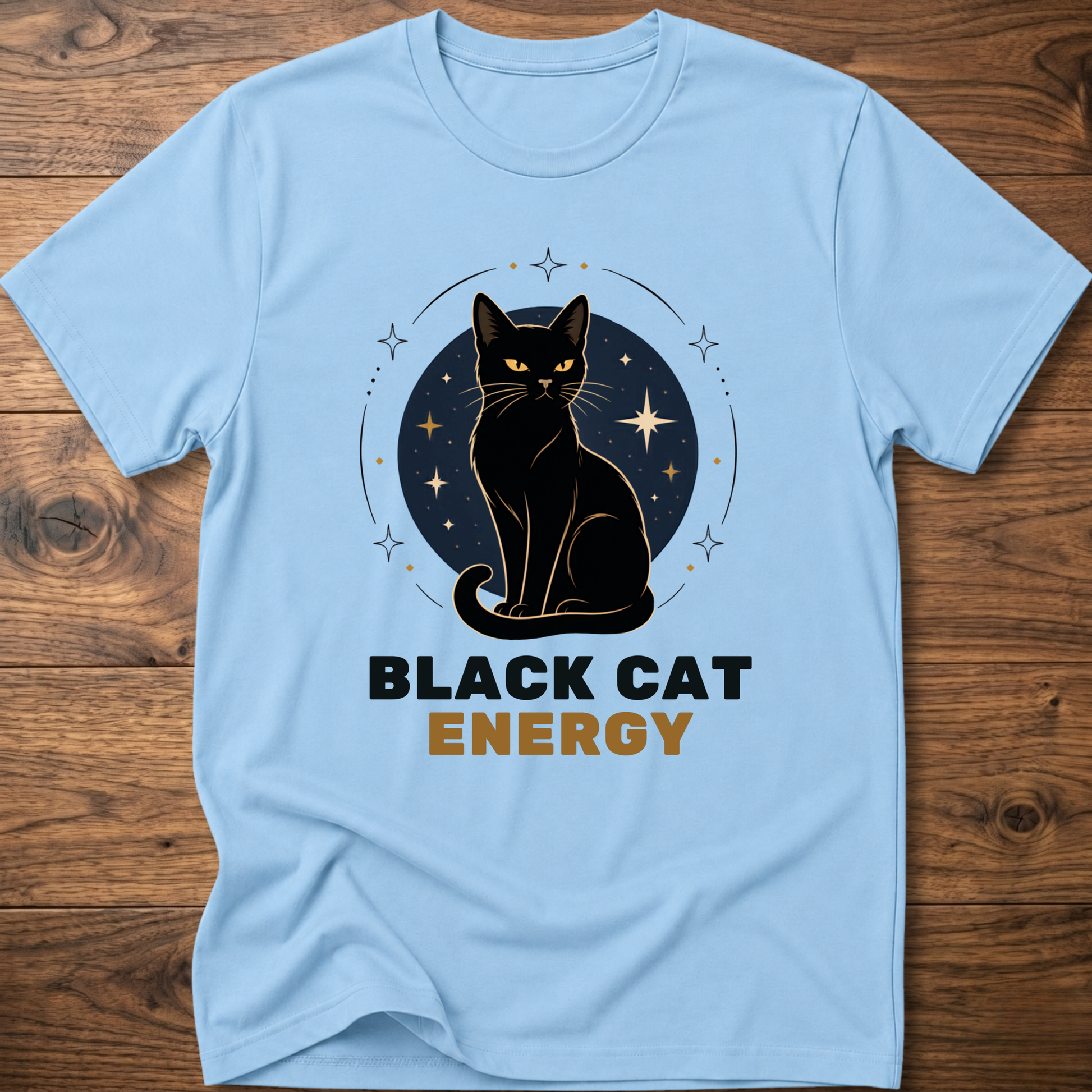 Black cat energy graphic T-shirt, light blue crew neck, cat and stars front print