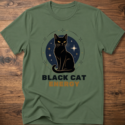 Black cat energy graphic T-shirt, military green crew neck, cat and stars front print