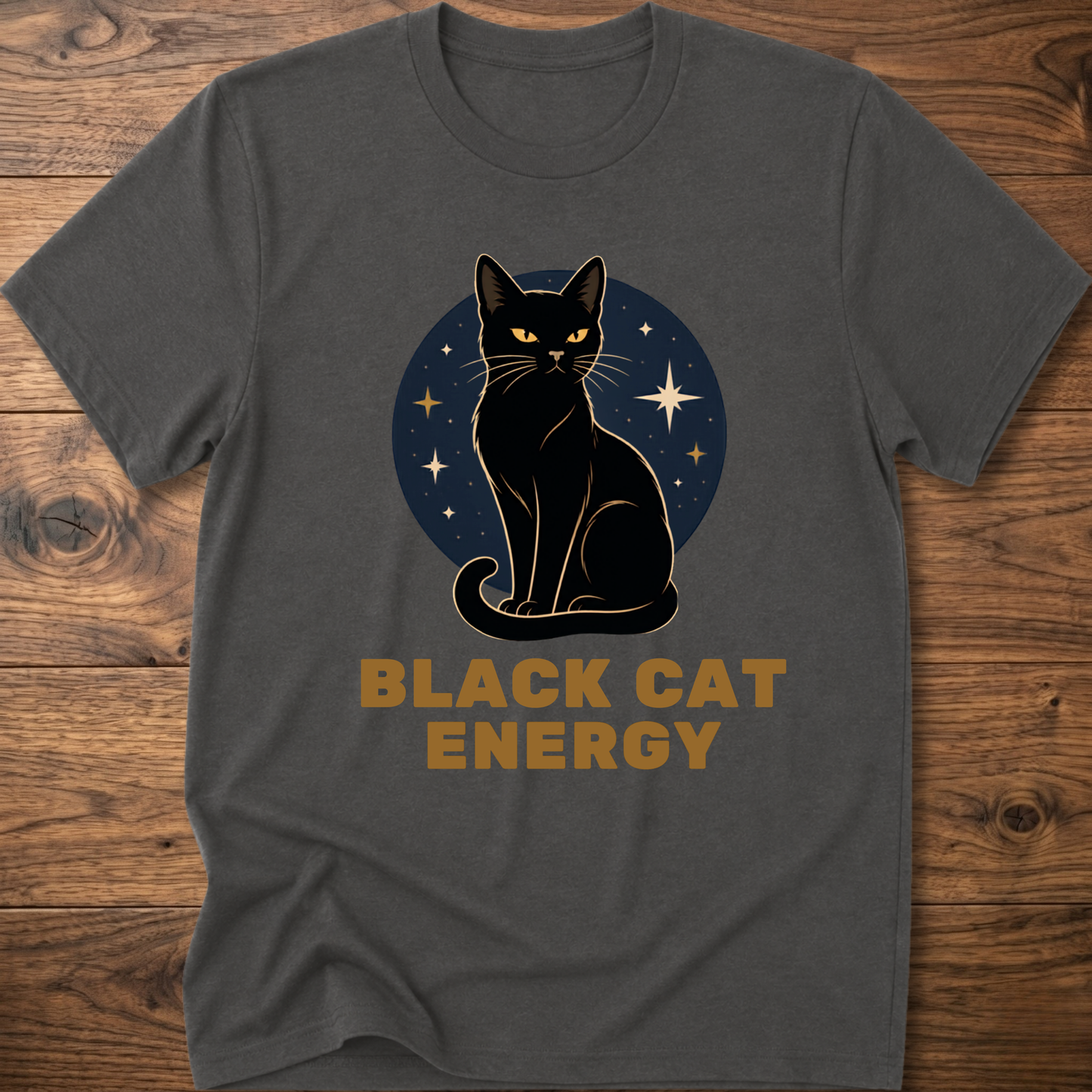 Black cat energy graphic T-shirt, charcoal crew neck, cat and stars front print