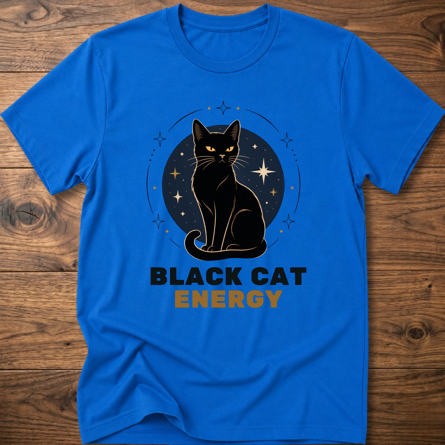 Black cat energy graphic T-shirt, royal blue crew neck, cat and stars front print
