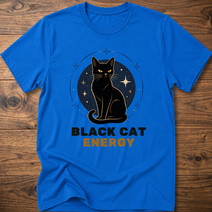 Black cat energy graphic T-shirt, royal blue crew neck, cat and stars front print