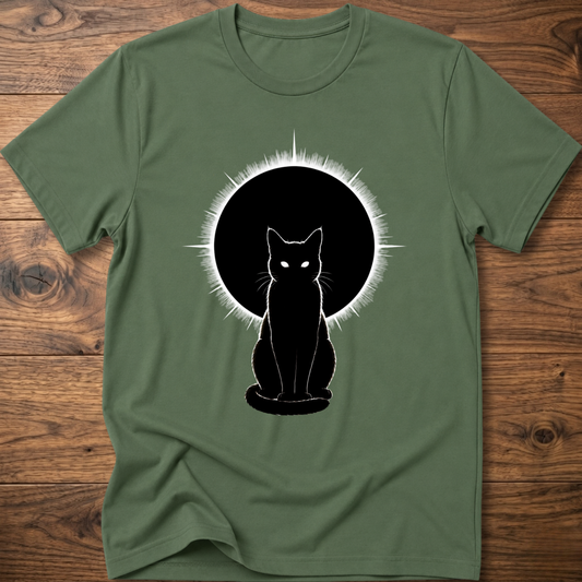 Military green T-shirt with black cat silhouette in white halo graphic, crew neck.