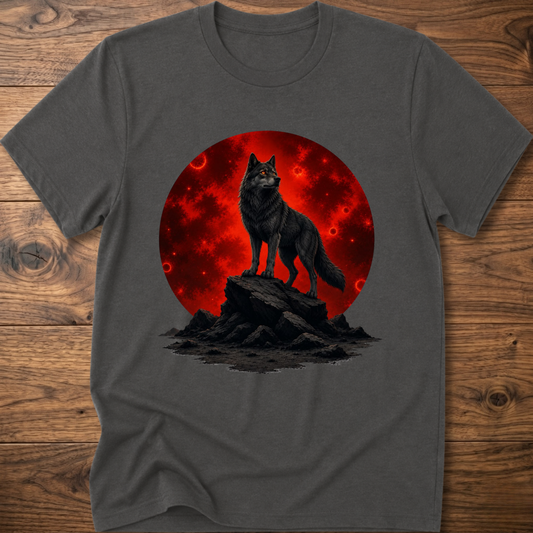 Crewneck t-shirt in charcoal gray with red circular black cat graphic
