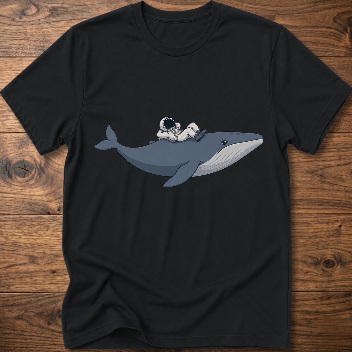 Black Whale Astro Ride graphic t-shirt with whale and astronaut chest artwork