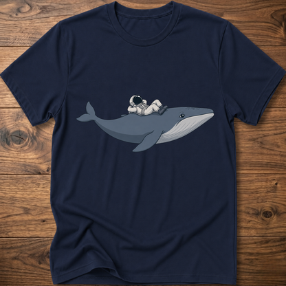 Royal blue Whale Astro Ride graphic t-shirt with whale and astronaut chest print