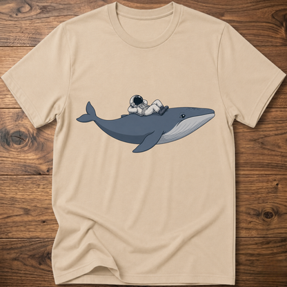 Sand Whale Astro Ride graphic t-shirt with whale and astronaut illustration on chest