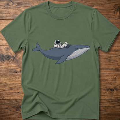 Military green Whale Astro Ride graphic t-shirt with whale and astronaut illustration