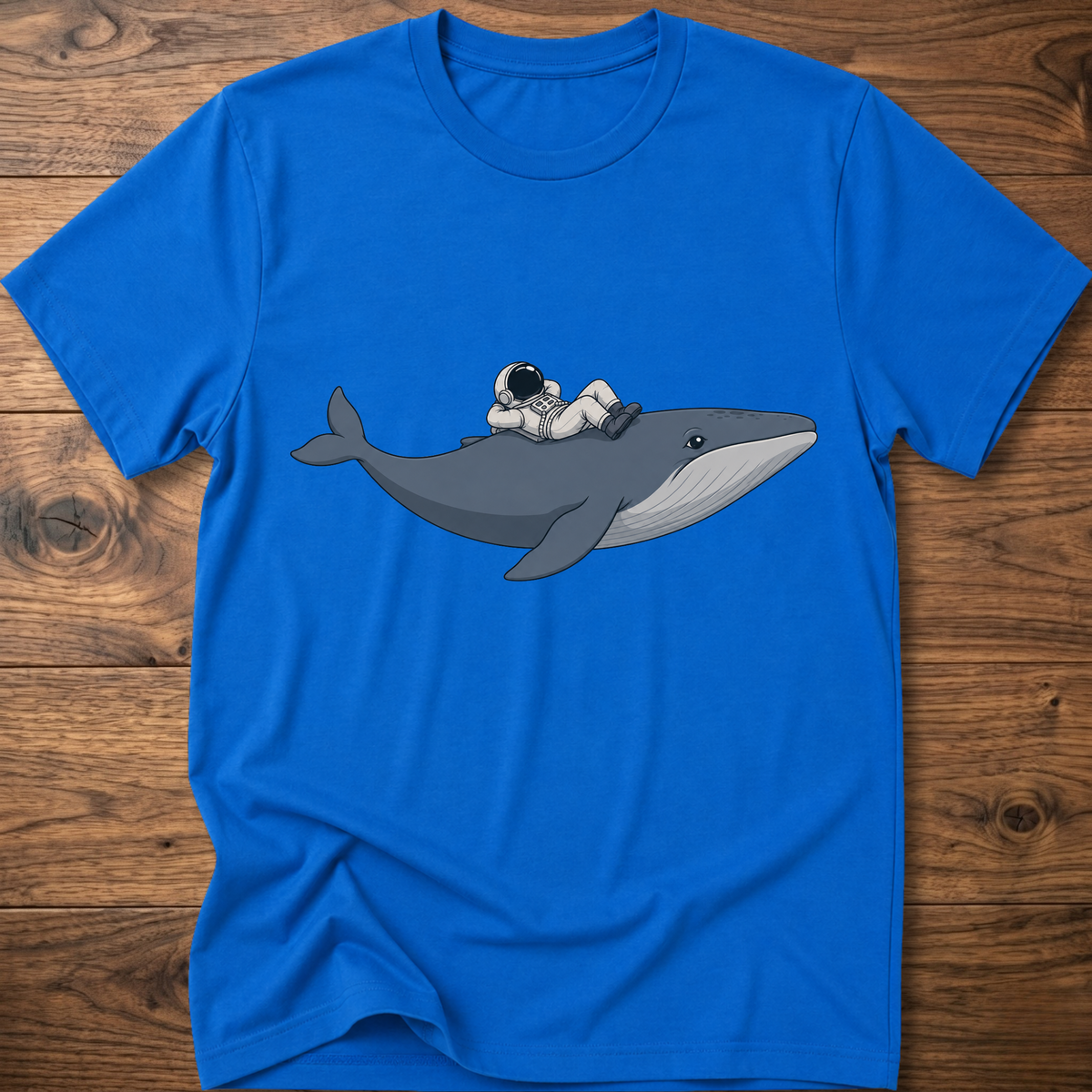 Bright blue Whale Astro Ride graphic t-shirt with whale and astronaut design