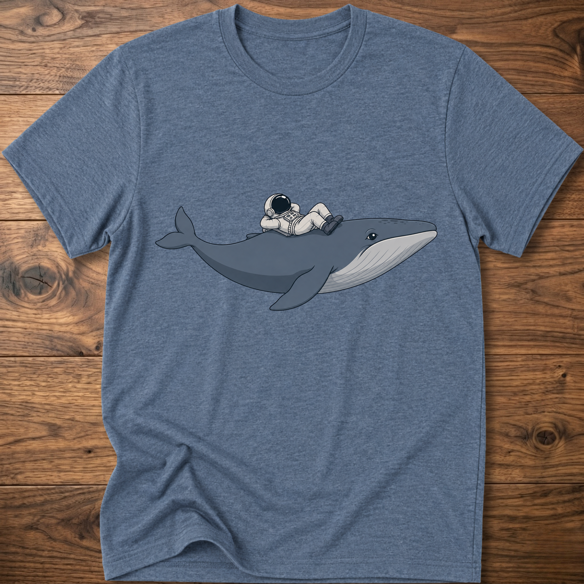 Heather indigo Whale Astro Ride graphic t-shirt with whale and astronaut design