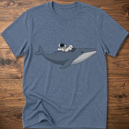 Heather indigo Whale Astro Ride graphic t-shirt with whale and astronaut design