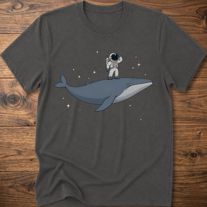 Charcoal gray short-sleeve t-shirt with astronaut riding a whale graphic and star accents