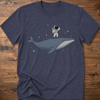 Heather navy short-sleeve t-shirt with astronaut riding a whale graphic and star accents