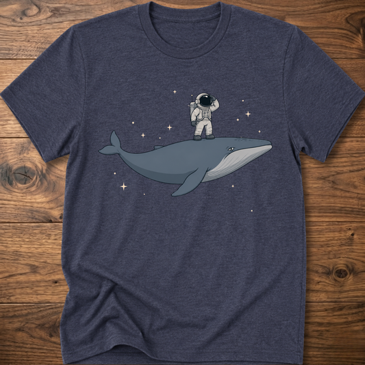Heather navy short-sleeve t-shirt with astronaut riding a whale graphic and star accents