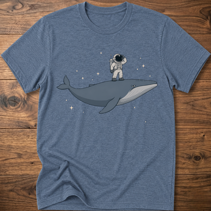 Heather indigo short-sleeve t-shirt with astronaut riding a whale graphic and star accents
