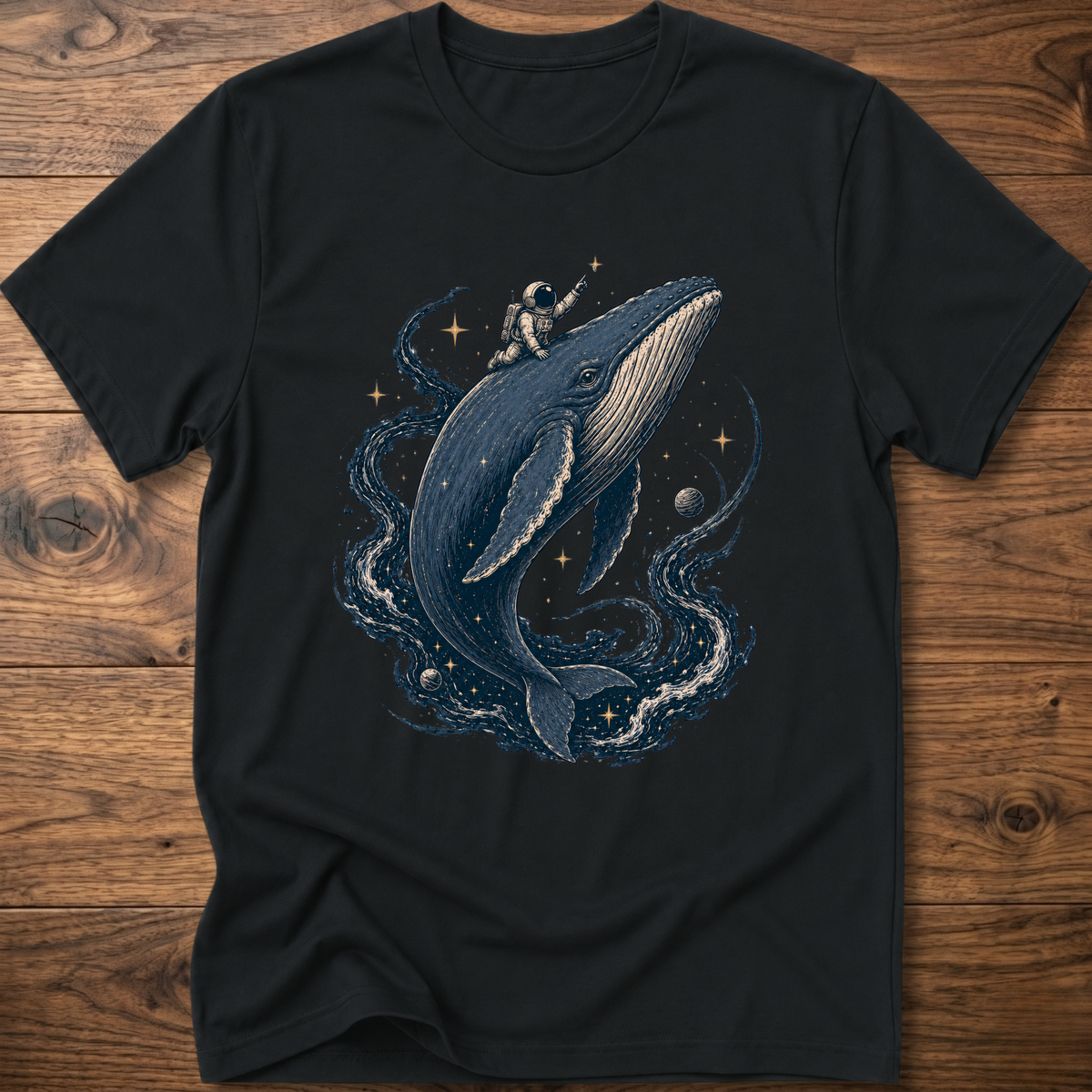 Black crewneck T-shirt with astronaut riding a whale graphic