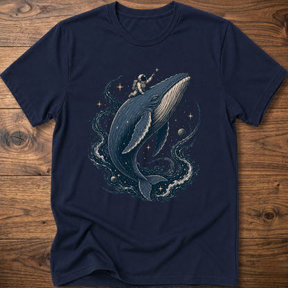 Navy crewneck T-shirt with astronaut riding a whale graphic