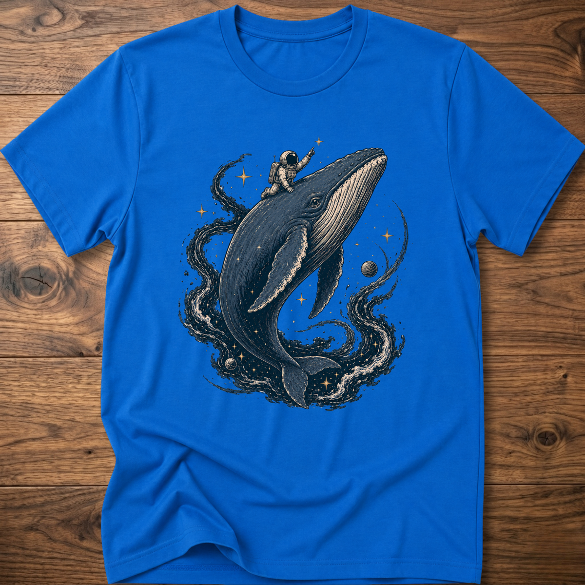 Royal blue crewneck T-shirt with astronaut riding a whale graphic