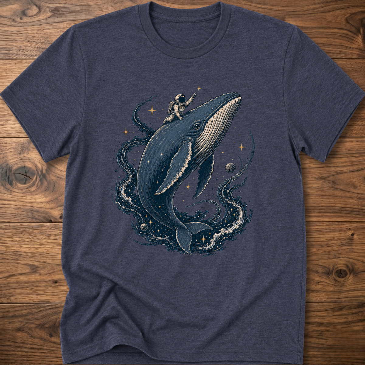 Heather navy crewneck T-shirt with astronaut riding a whale graphic