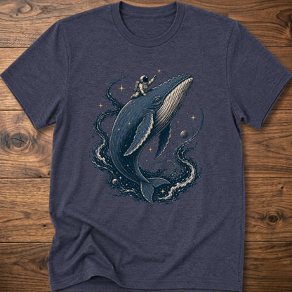 Heather navy crewneck T-shirt with astronaut riding a whale graphic