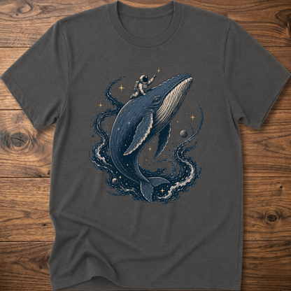 Charcoal crewneck T-shirt with astronaut riding a whale graphic in blue