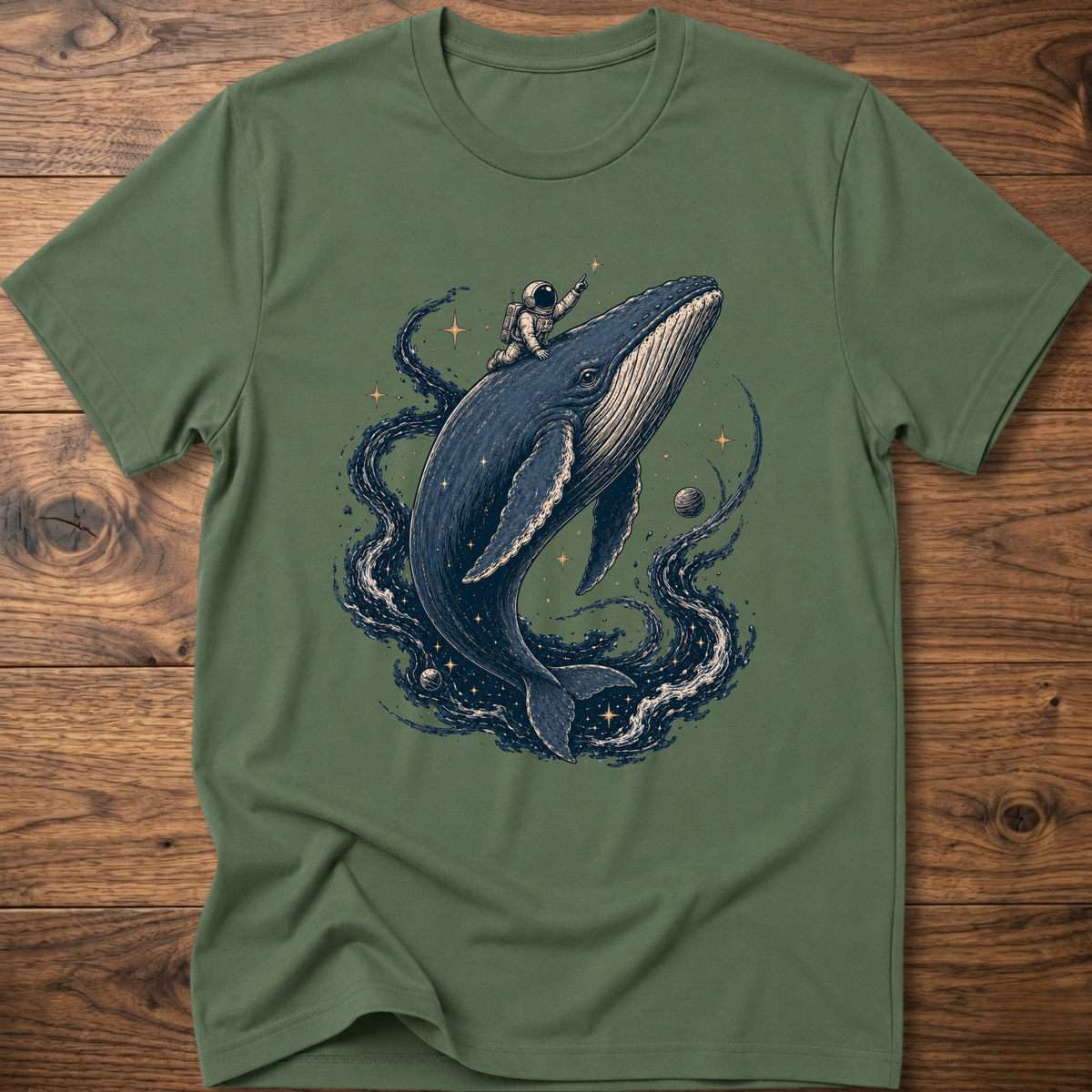 Military green crewneck T-shirt with astronaut riding a whale graphic