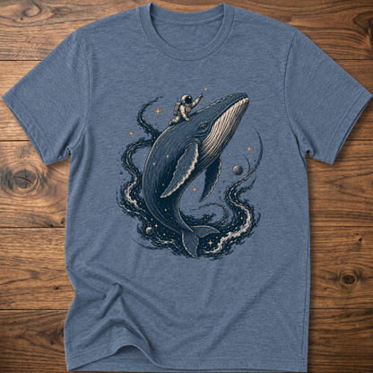 Heather indigo crewneck T-shirt with astronaut riding a whale graphic
