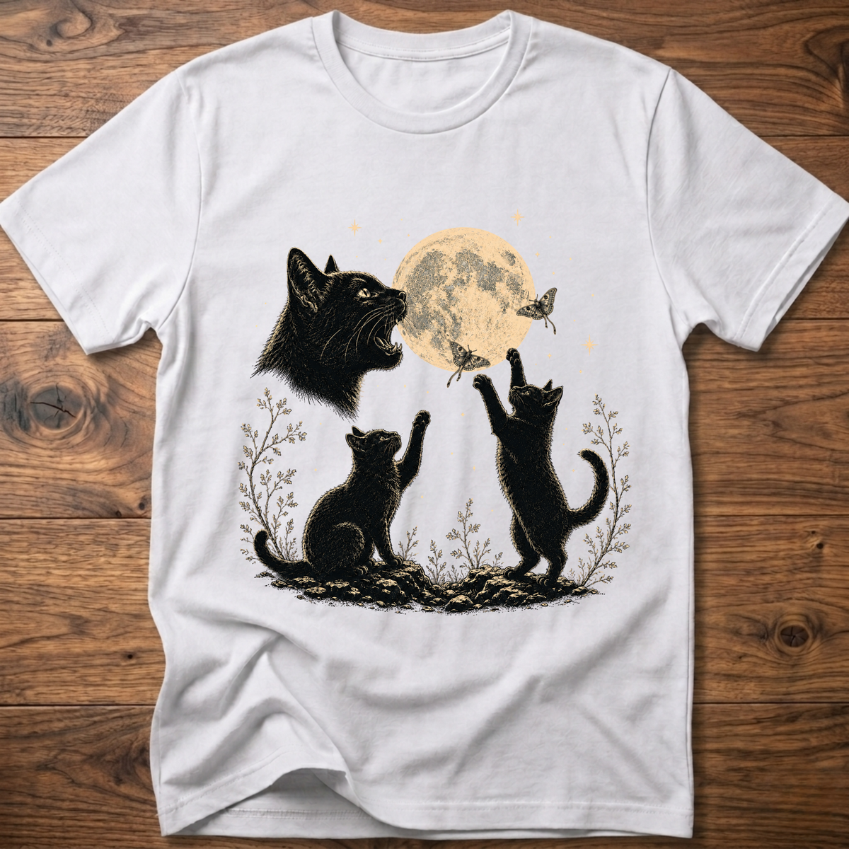 White cat moon graphic t-shirt with full moon and three kittens