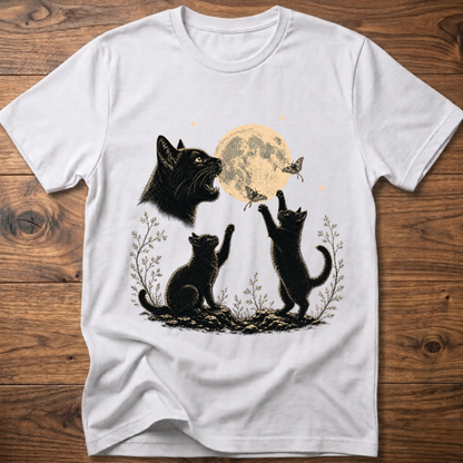 White cat moon graphic t-shirt with full moon and three kittens