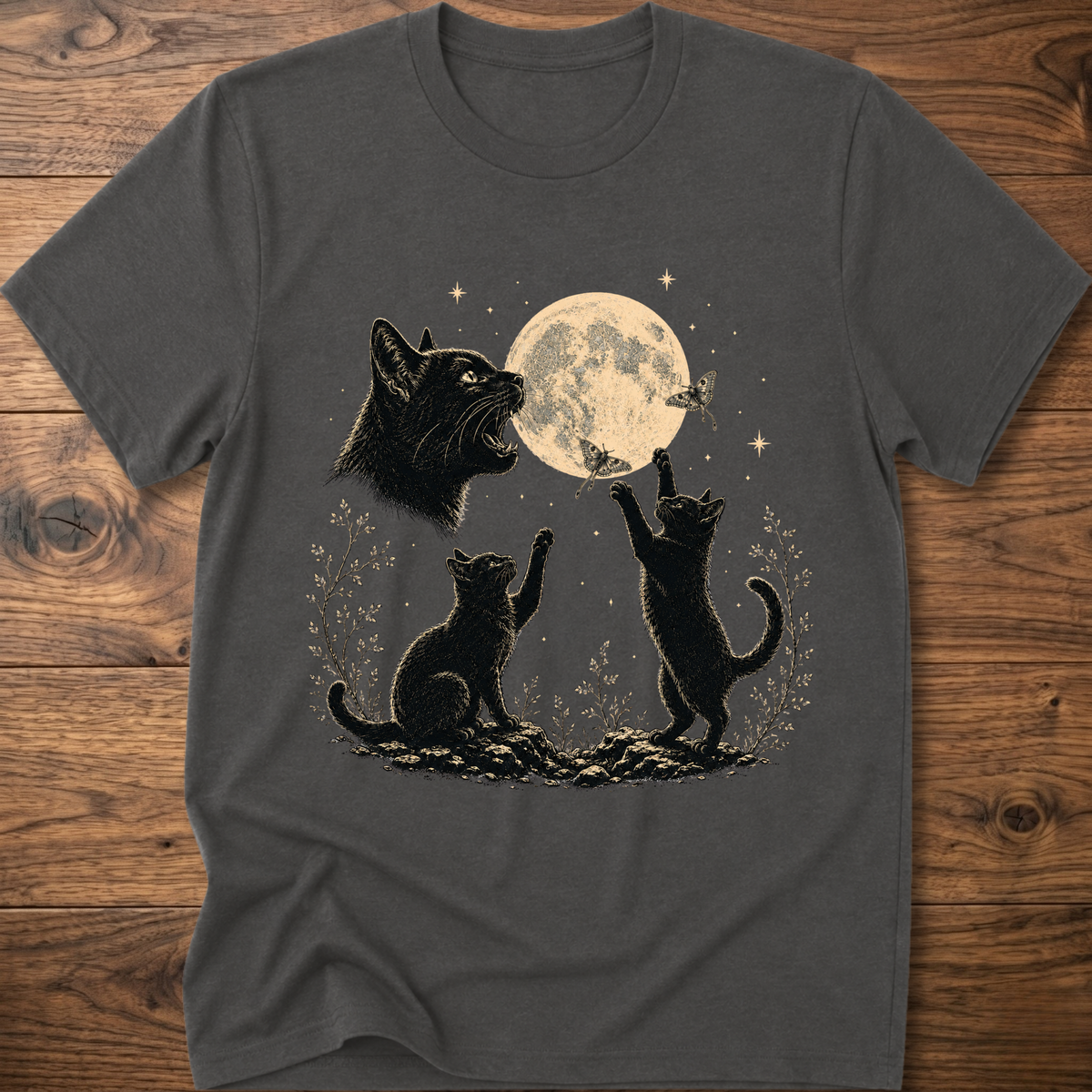 Charcoal gray cat moon graphic t-shirt with full moon and three kittens