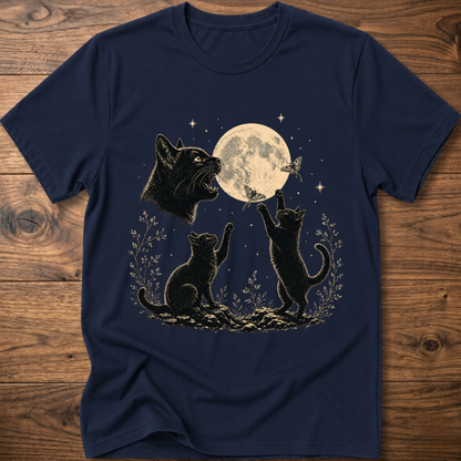 Navy cat moon graphic t-shirt with full moon and three kittens