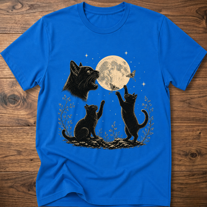 Royal blue cat moon graphic t-shirt with full moon and three kittens