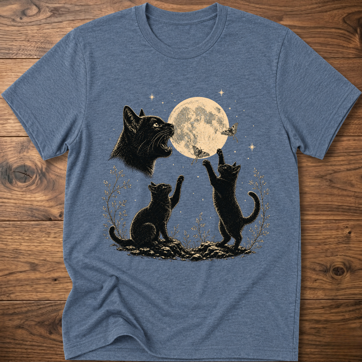 Heather blue cat moon graphic t-shirt with full moon and three kittens