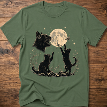 Military green cat moon graphic t-shirt with full moon and three kittens