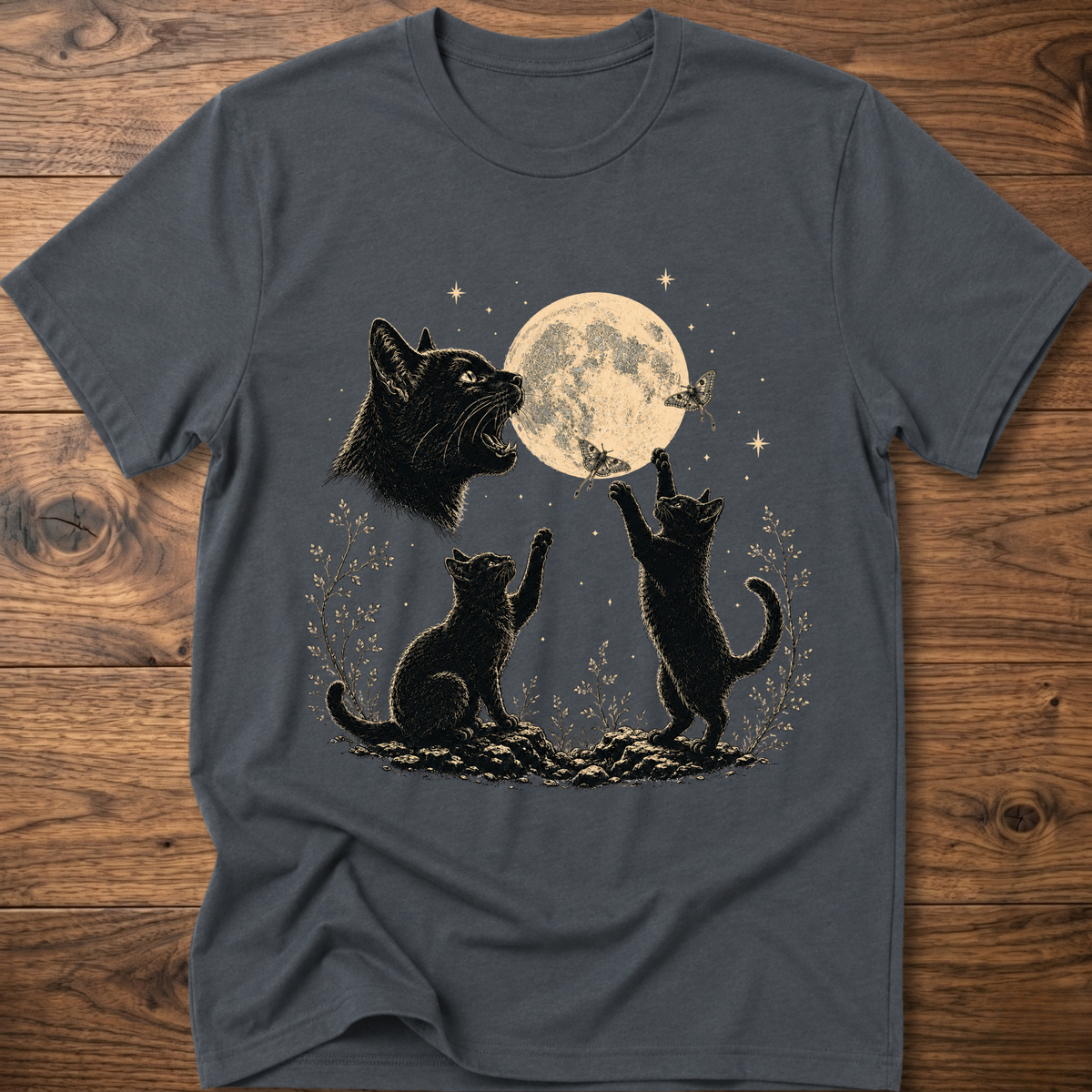 Dark gray cat moon graphic t-shirt with full moon and three kittens