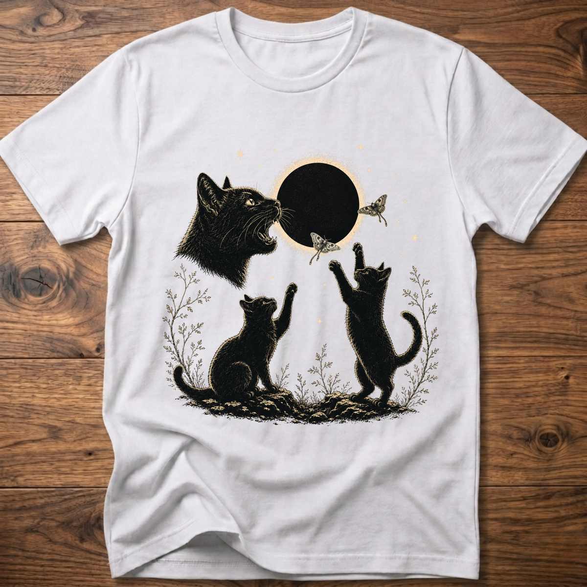 White crew-neck T-shirt with dark cat illustration and round eclipse graphic on front