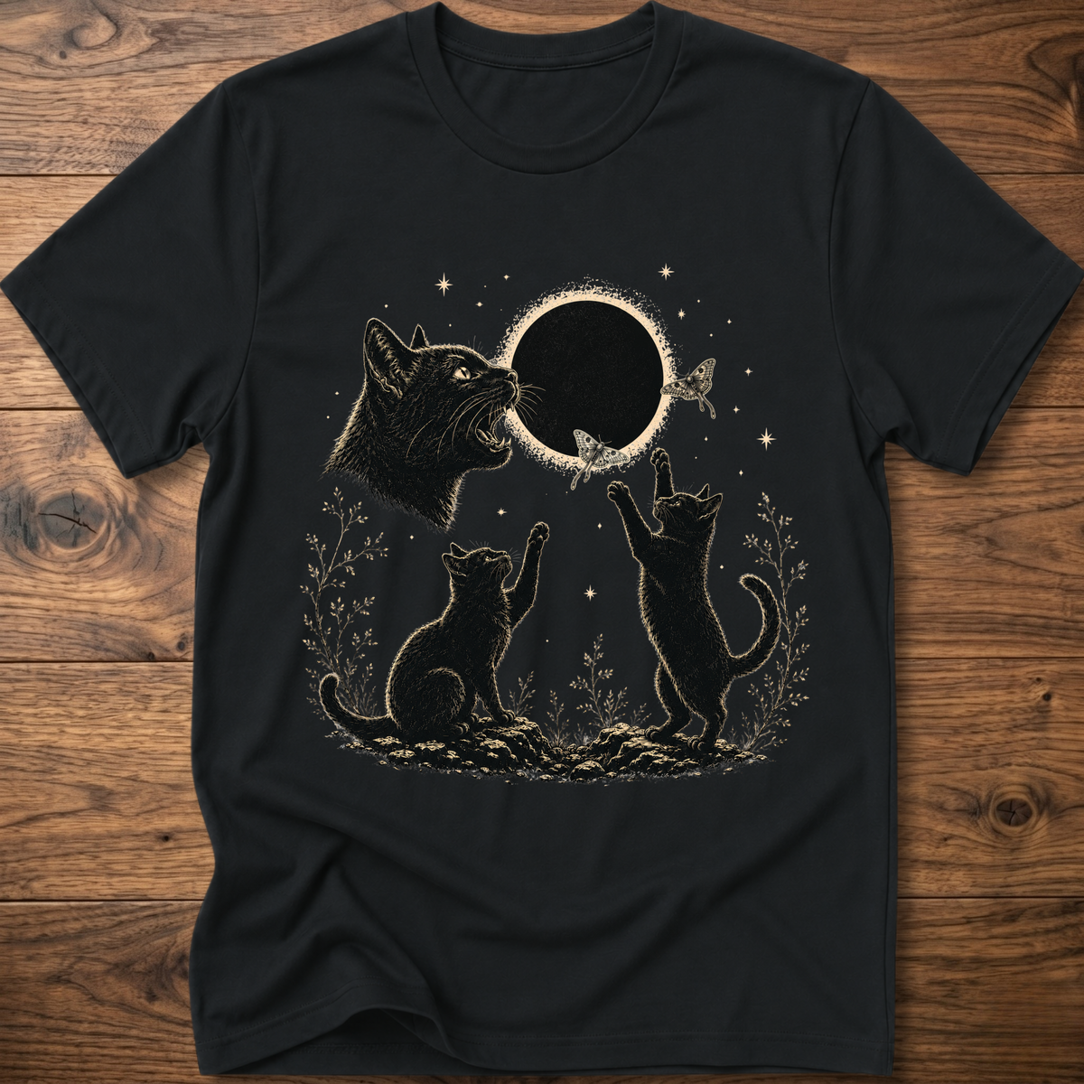 Black crew-neck T-shirt with dark cat illustration and round eclipse graphic on front