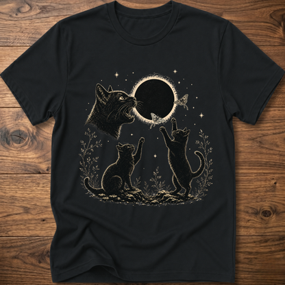 Black crew-neck T-shirt with dark cat illustration and round eclipse graphic on front