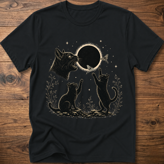 Black crew-neck T-shirt with dark cat illustration and round eclipse graphic on front