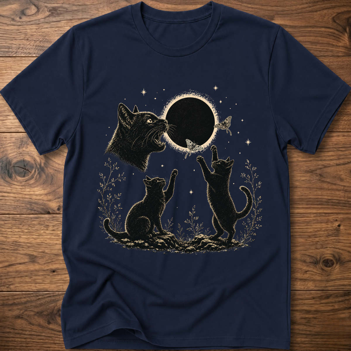 Navy crew-neck T-shirt with dark cat illustration and round eclipse graphic on front